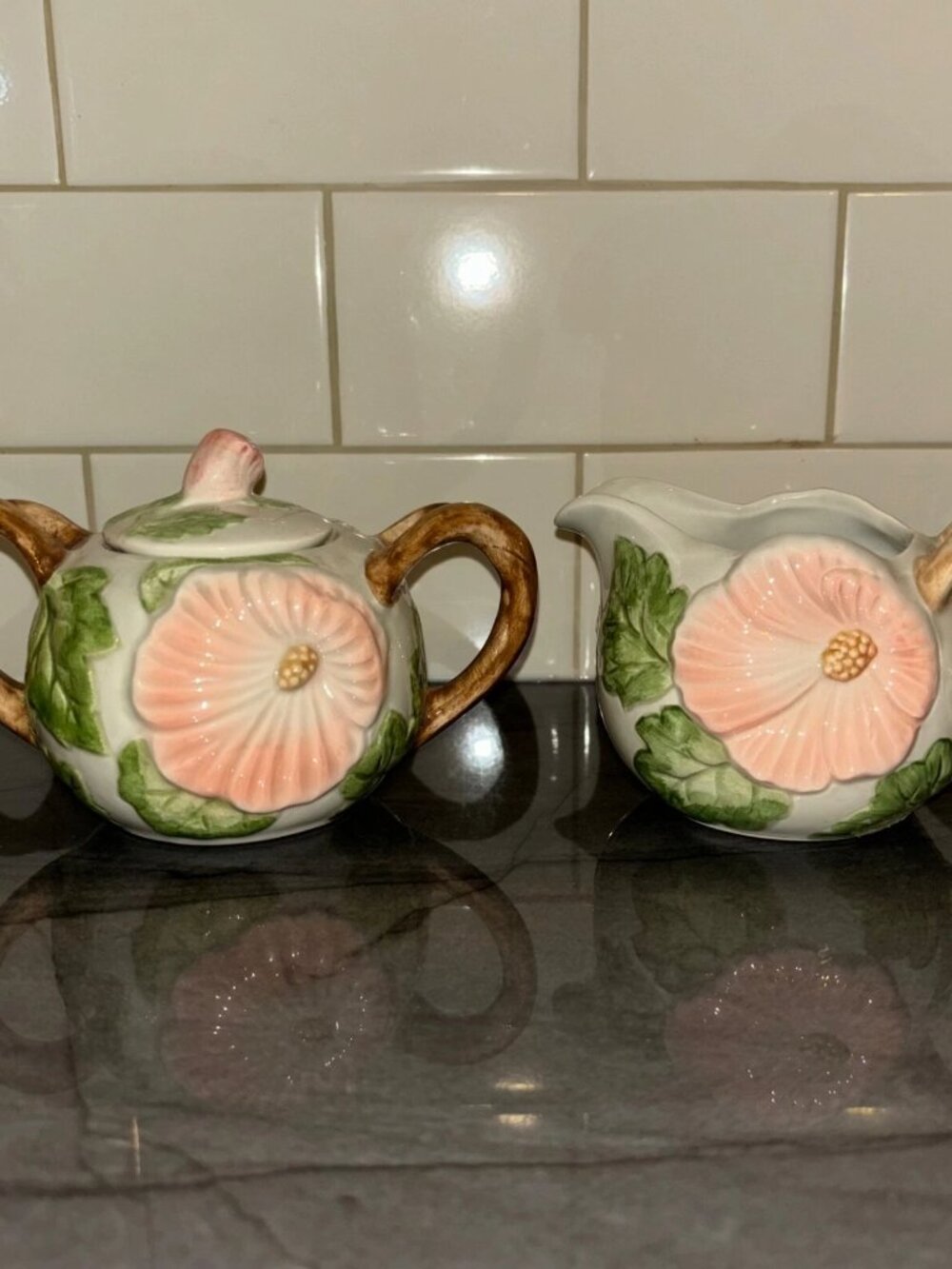 Fitz & Floyd vintage hummingbird & pink hibiscus small cream & sugar set